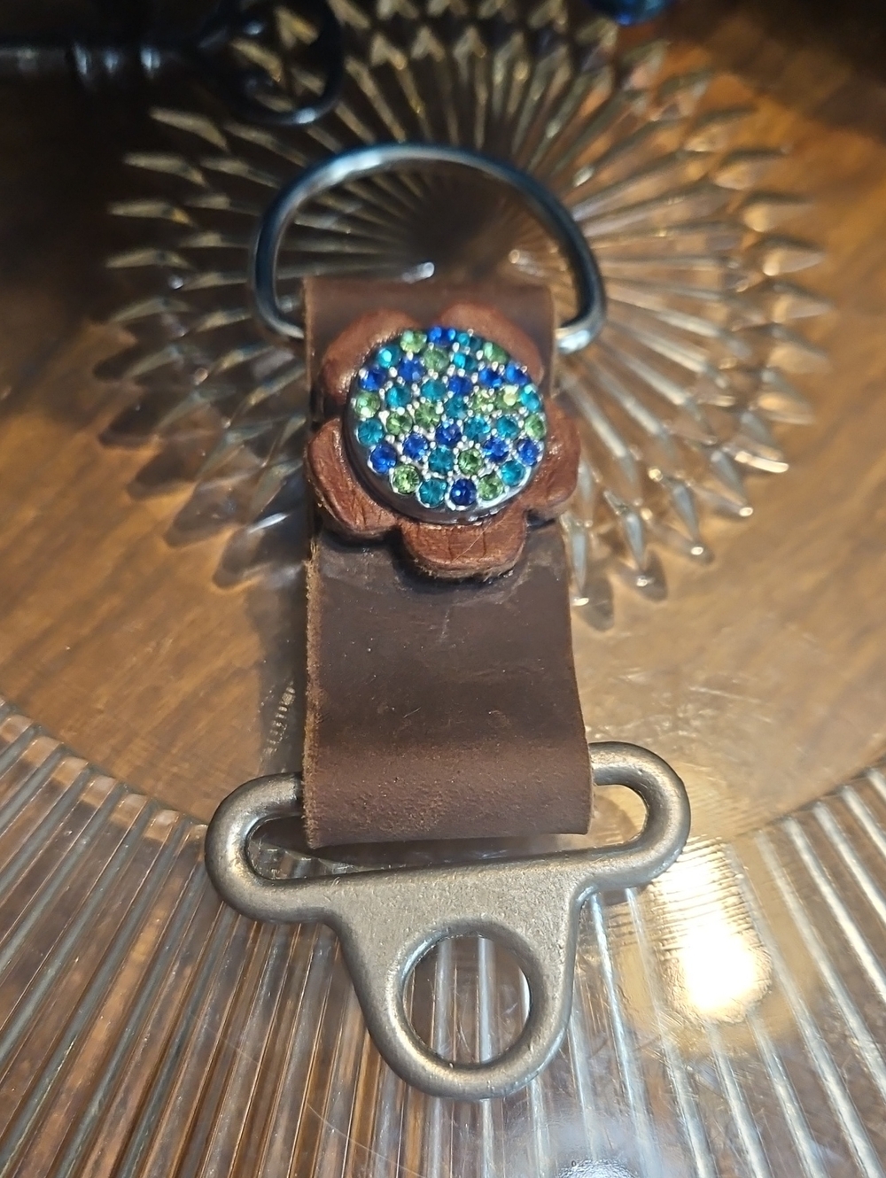 Hand Crafted Brown Genuine Leather Key Chain Fob with Blue & Green Crystal NEW